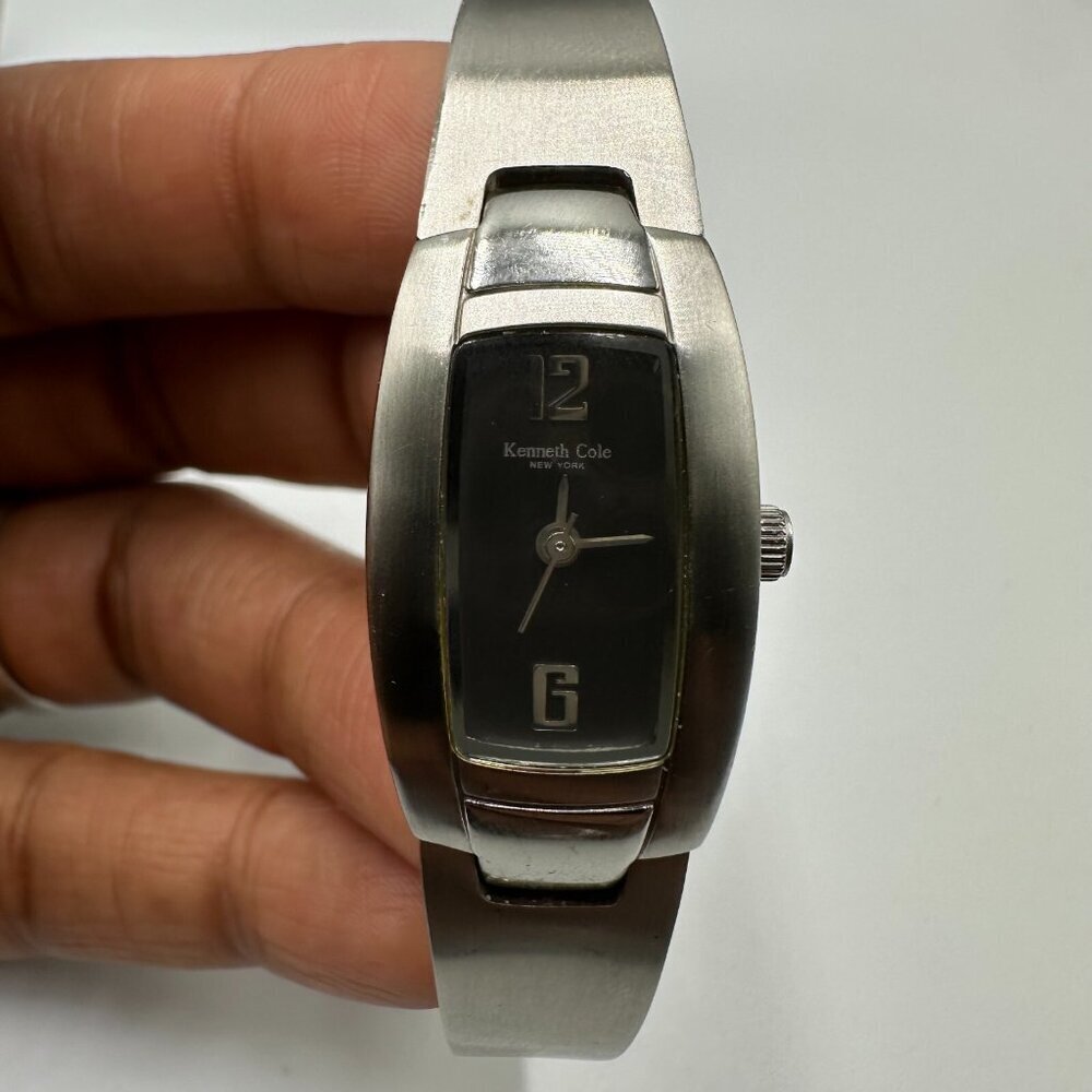Kenneth Cole Watch Women Silver Tone Black Dial Slim Tonneau Case New Battery